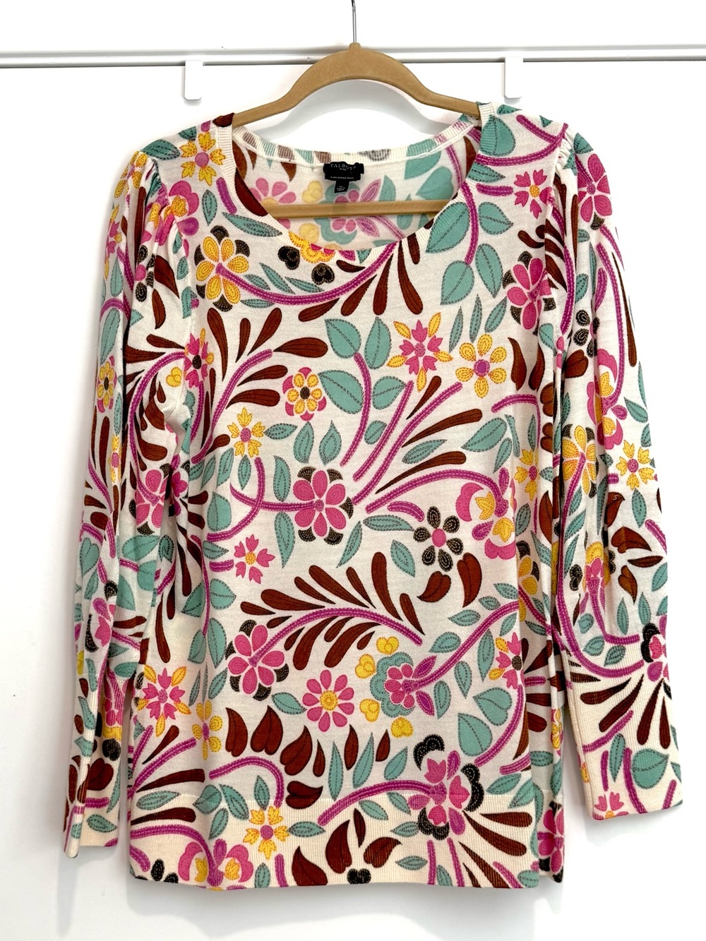 Talbots Cream Floral Long Sleeve Top with Pink & Teal Accents